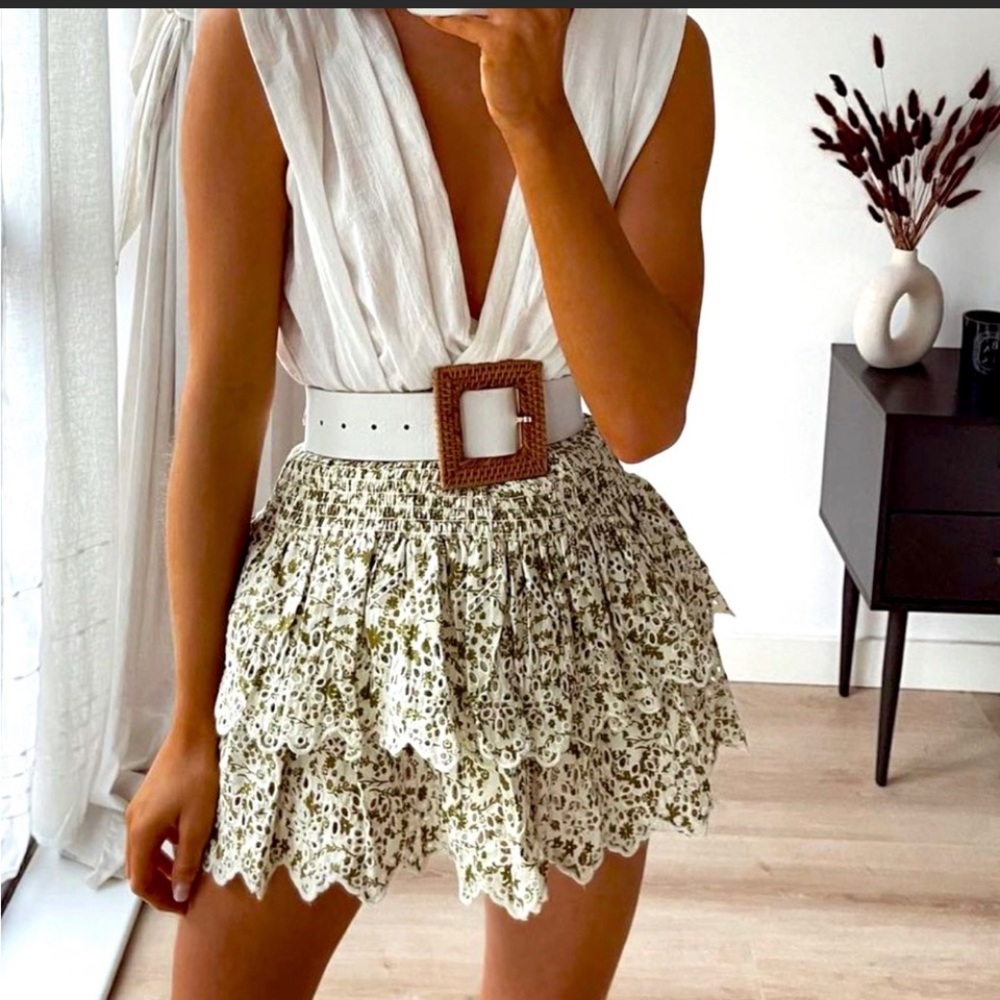 ZARA ruffle mini skirt green xsmall xs eyelit shirred